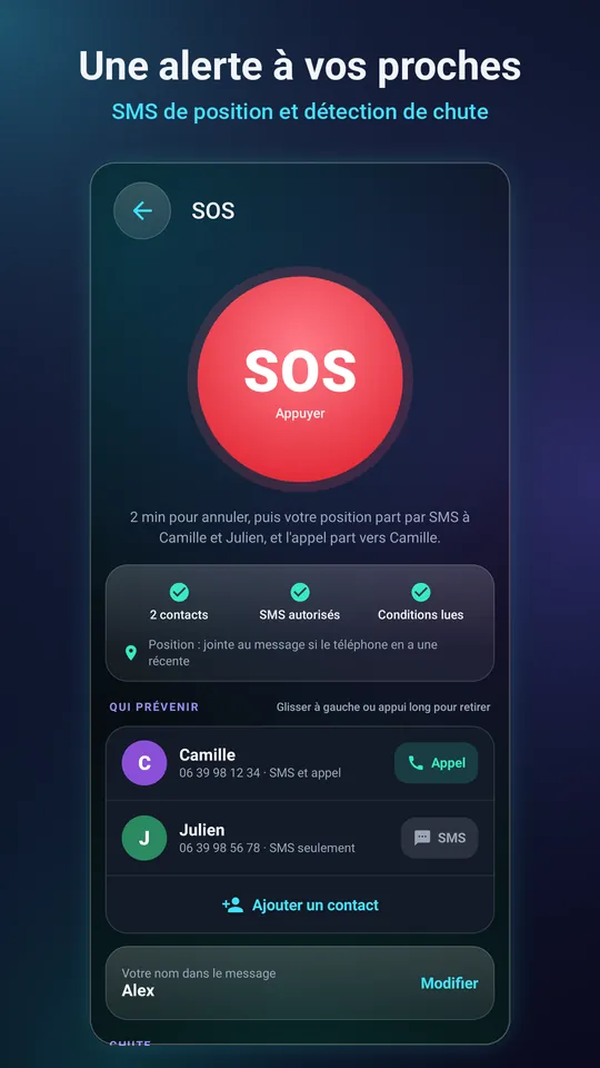 Écran SOS : deux minutes pour annuler, puis SMS de position aux proches choisis et appel à l'un d'eux.