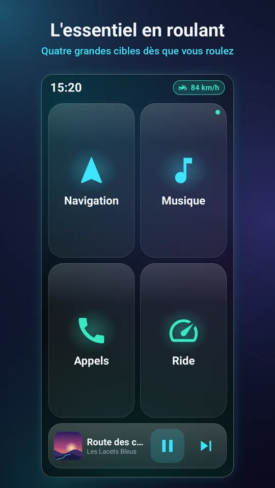Menu en roulage : quatre grandes tuiles Navigation, Musique, Appels et Ride, utilisables avec des gants.